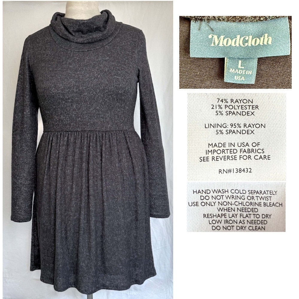 MODCLOTH Women Large Cowl Neck Soft Knit Pullover midi sweater dress e96-12